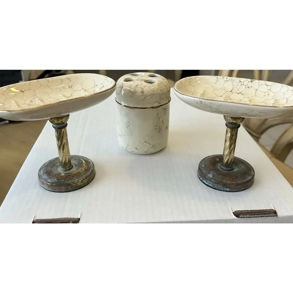 Vtg Brass Pedestal Soap Dish & Holder Porcelain Marbled Regency Decor Set 3